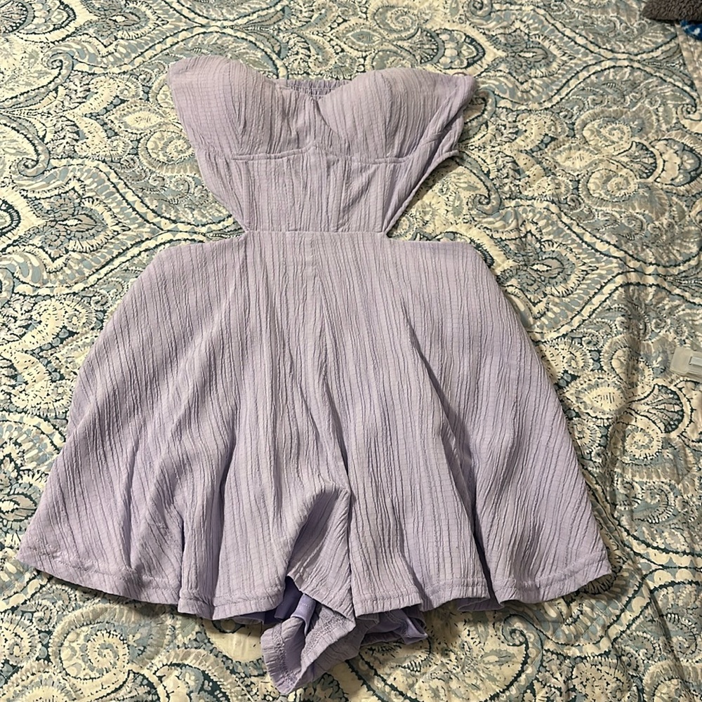 purple strapless romper with cutouts